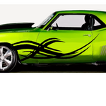 Green car with black flames on a white background