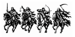 Four Horsemen of the Apocalypse die-cut decal design with four riders, shown in black on white