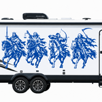 Blue Four Horsemen of the Apocalypse decal on the side of a white travel trailer camper