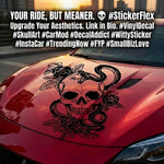 Black matte Skull + Snake + Flowers hood/wall decal, 37×29 in, high‑contrast silhouette on car