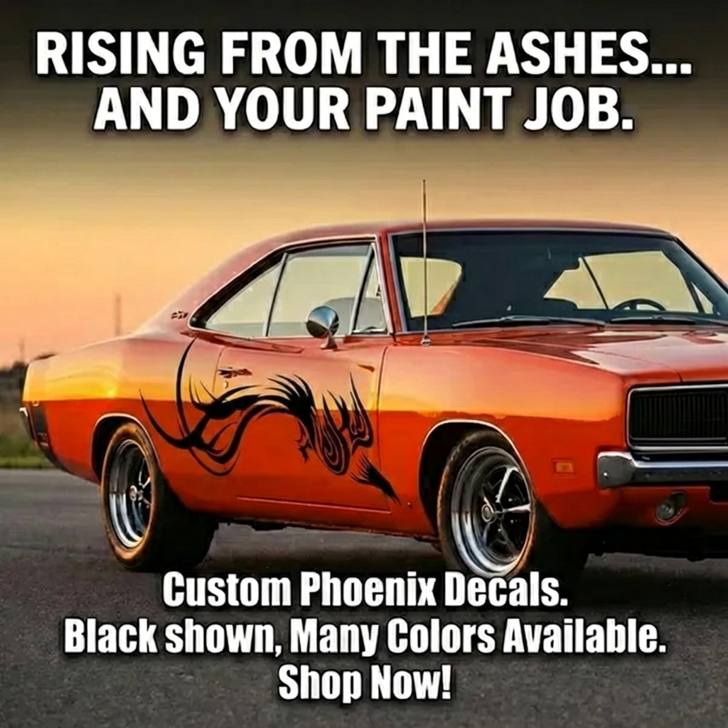 Orange muscle car with a phoenix decal on a road at sunset, promotional text for custom decals.