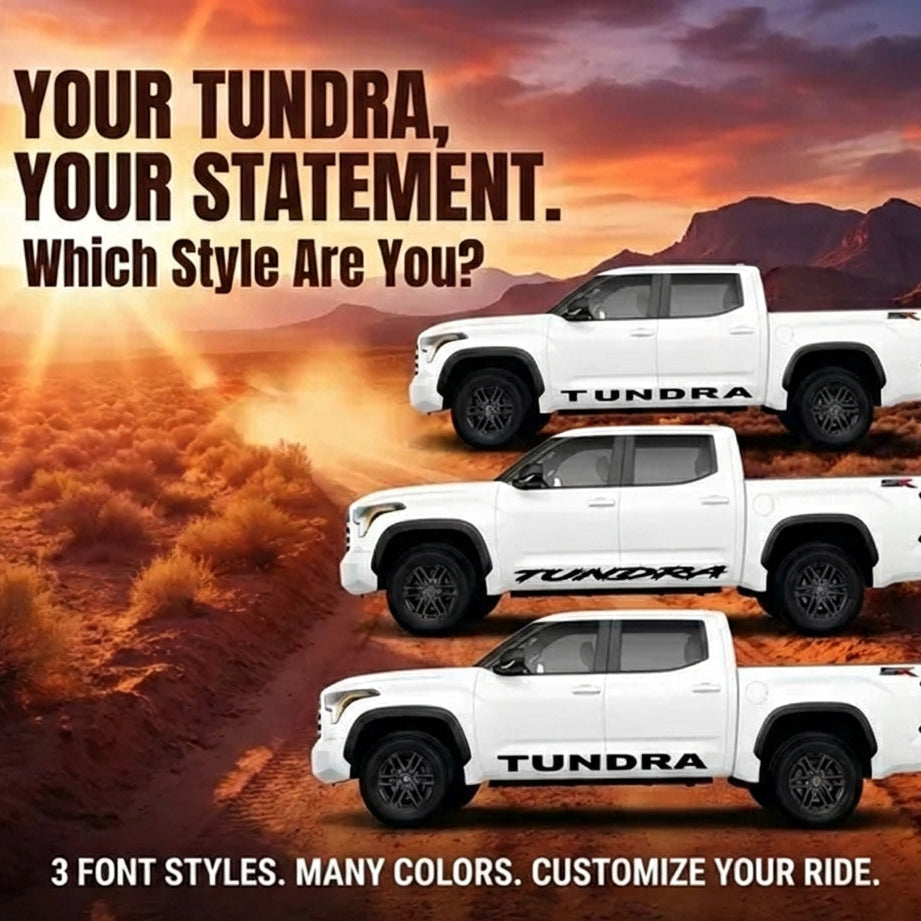 Toyota Tundra trucks with customizable text styles against a desert sunset background.
