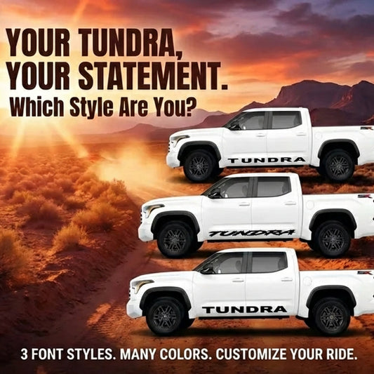 Toyota Tundra trucks with customizable text styles against a desert sunset background.