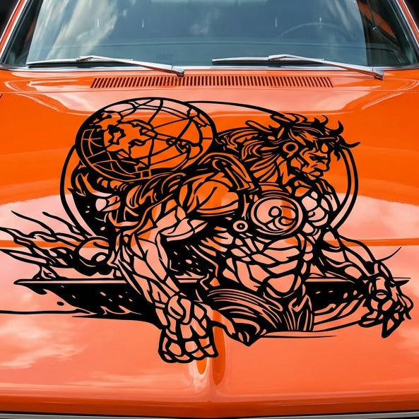 “Black matte Atlas titan silhouette decal on car hood, 33.7×28.8”