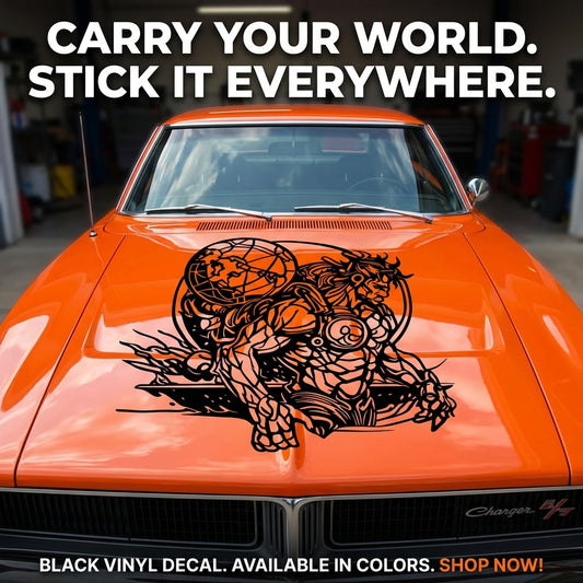 “Black matte Atlas titan silhouette decal on car hood, 33.7×28.8”