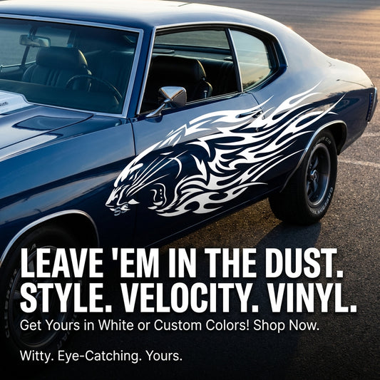 Large white jaguar with tribal flames vinyl decal on car door