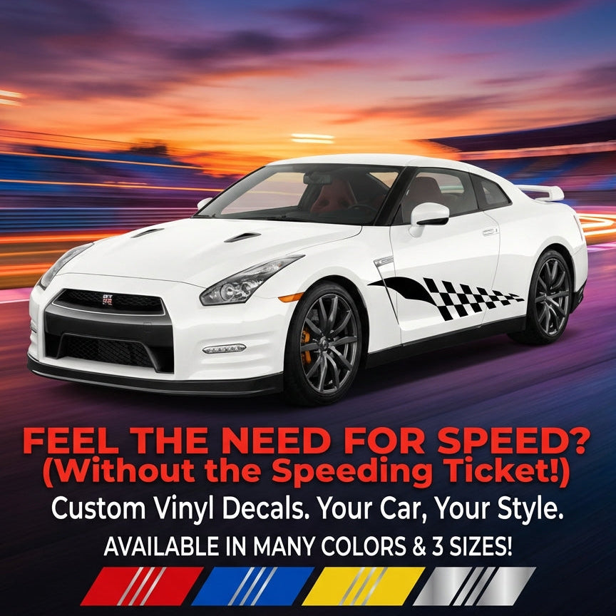 White sports car with racing decals against a colorful sunset background, promoting custom vinyl decal services.