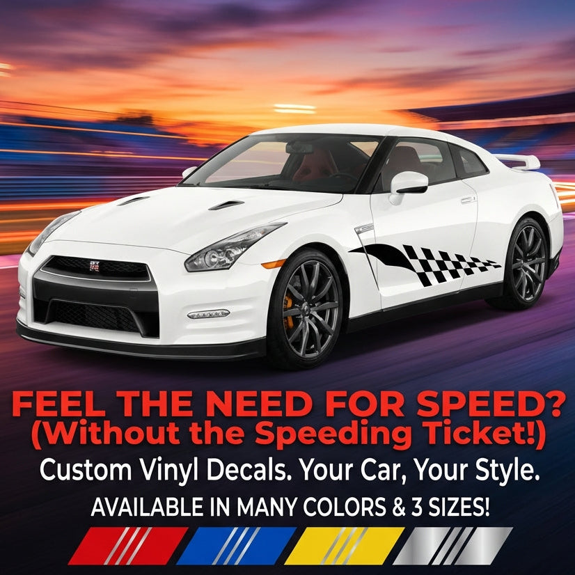 Racing stripe car decals pair in black, approx. 60×18 in, applied on vehicle side die‑cut with no background”
