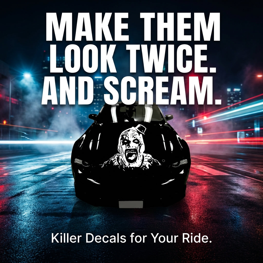 White matte horror clown‑mask wall decal, large size, high‑contrast silhouette on vehicle 