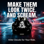 White matte horror clown‑mask wall decal, large size, high‑contrast silhouette on vehicle 