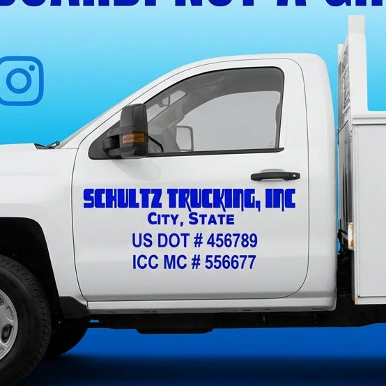 “Truck door vinyl lettering 2‑piece set — Company Name, City ST, USDOT, pre‑spaced die‑cut, white on dark van door”