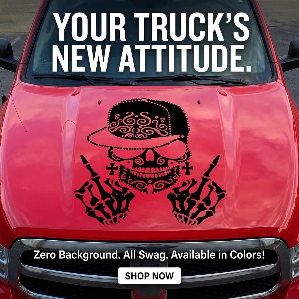 Black matte skull with shades hood/wall decal, large size, high‑contrast silhouette on smooth painted surface