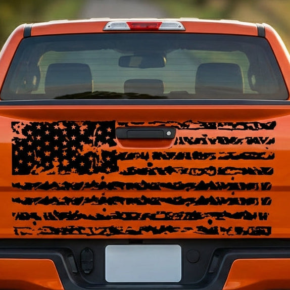Black matte distressed US flag tailgate decal, 16.6×50, installed”