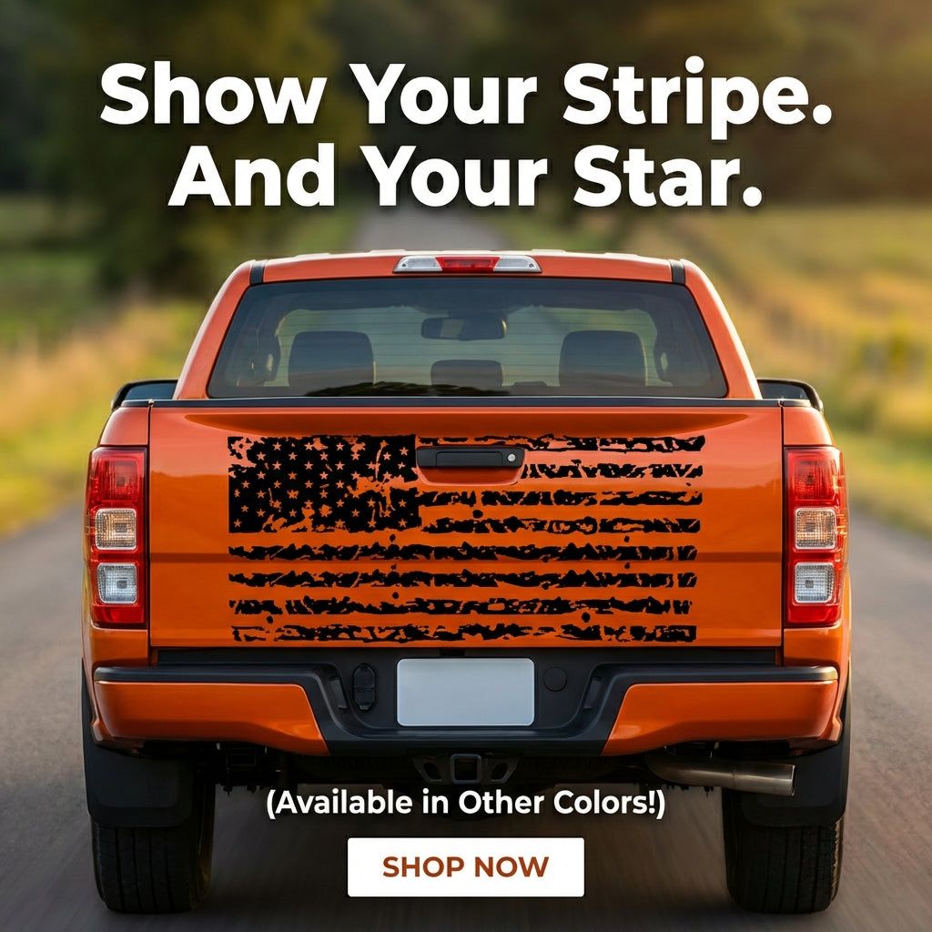 Black matte distressed US flag tailgate decal, 16.6×50, installed”