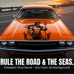 Poseidon/Neptune vinyl car/wall decal, white, 24×24, die‑cut with no background on rear window