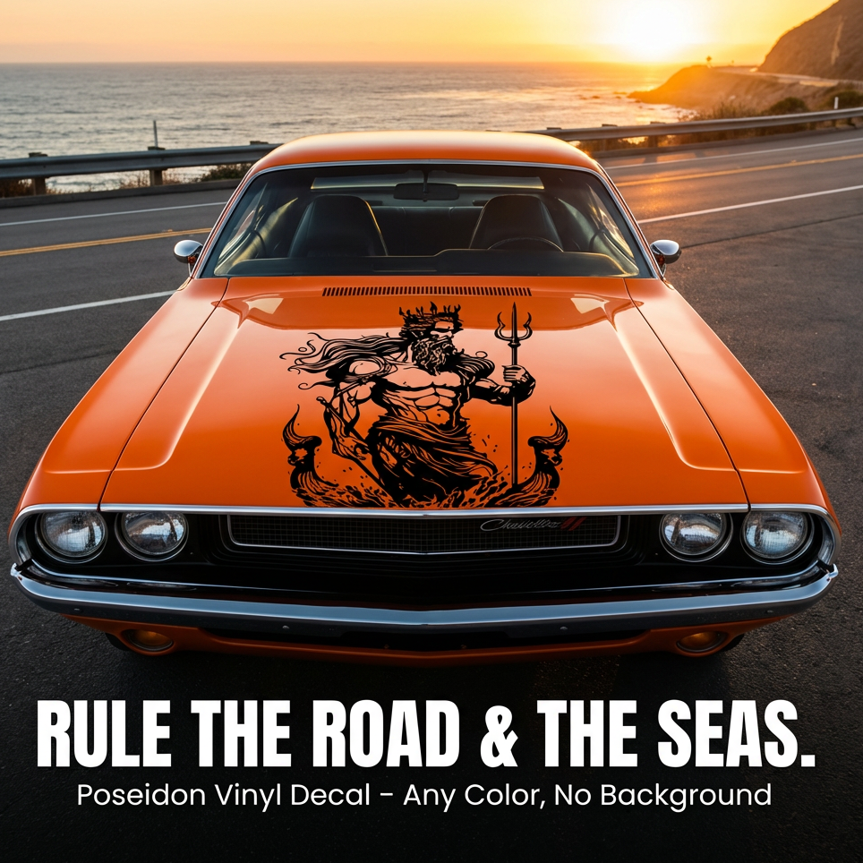 Poseidon vinyl decal on a muscle car, black matte vinyl 