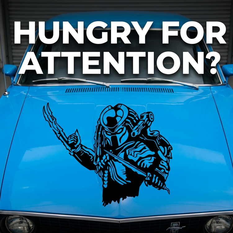 “Black matte Predator‑inspired silhouette wall decal, 29×41.2, high‑contrast design on smooth painted wall”