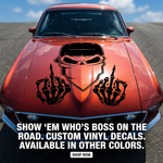 Black matte Skull with Middle Fingers wall/hood decal, high‑contrast silhouette on smooth painted surface