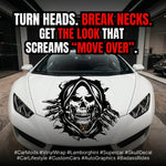“Black matte Skull Reaper hood/wall decal, 26×29, high‑contrast silhouette on smooth painted surface”