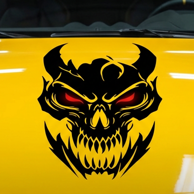 “Black matte skull devil decal with red‑eye inlay (optional), applied to car hood, high‑contrast silhouette”