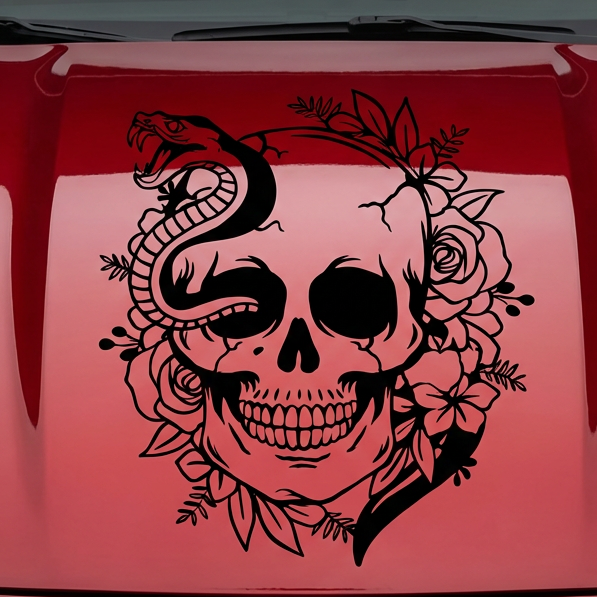 Black matte Skull + Snake + Flowers wall/hood decal, large size, high‑contrast silhouette on vehicle