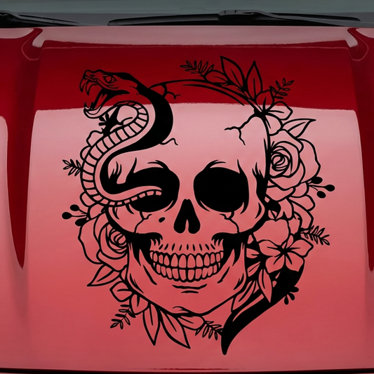 Black matte Skull + Snake + Flowers wall/hood decal, large size, high‑contrast silhouette on vehicle