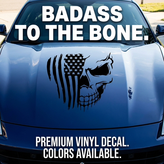 Blue car with a skull and American flag decal and 'BADASS TO THE BONE' text.