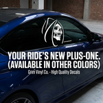 Grim Reaper vinyl decal in white on car window, die cut no background