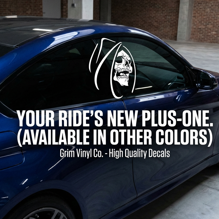 Grim Reaper vinyl decal in white on car window, die cut no background