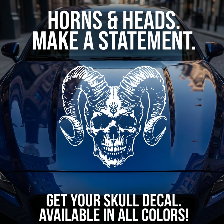 “Skull with Horns vinyl car/wall decal, white, 33×26 in, die‑cut with no background on blue hood”