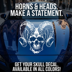 “Skull with Horns vinyl car/wall decal, white, 33×26 in, die‑cut with no background on blue hood”