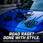 Blue car with black skull and hand decal on a city street,die cut vinyl, no back ground