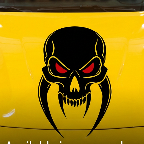 “Black matte skull with red‑eye inlay (optional) wall/hood decal, 37×29 in, high‑contrast silhouette”