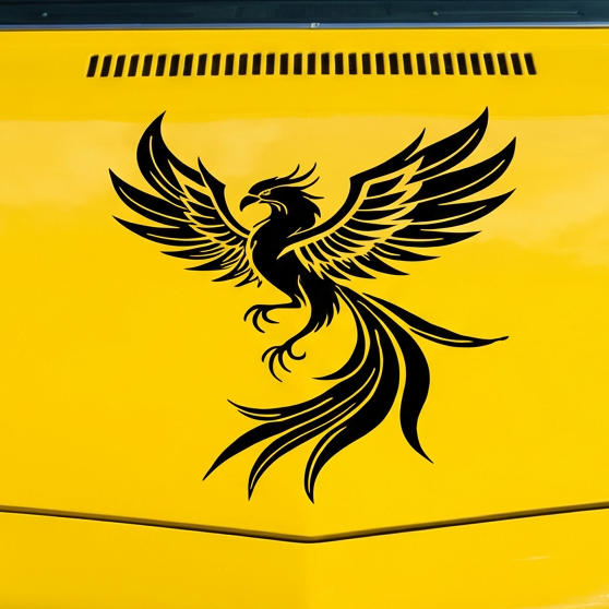 Yellow car with a black phoenix die-cut viny decal 