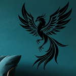 Living room with a phoenix decal on a blue wall, featuring motivational text.