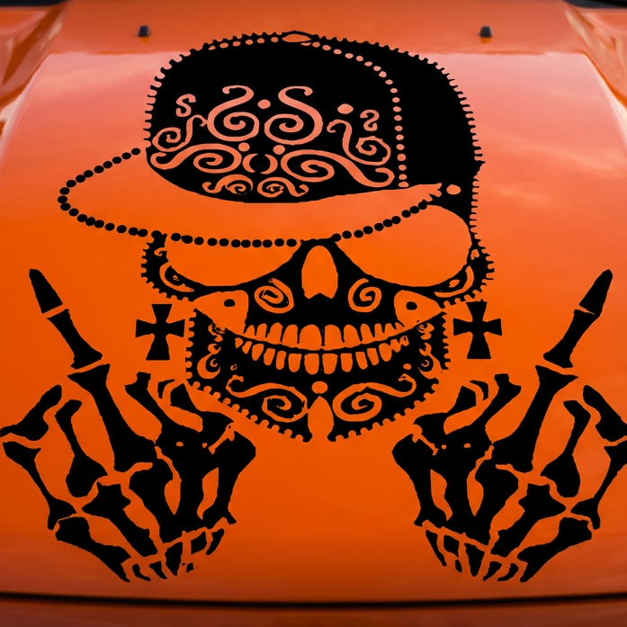 Black matte skull with shades hood/wall decal, large size, high‑contrast silhouette on smooth painted surface
