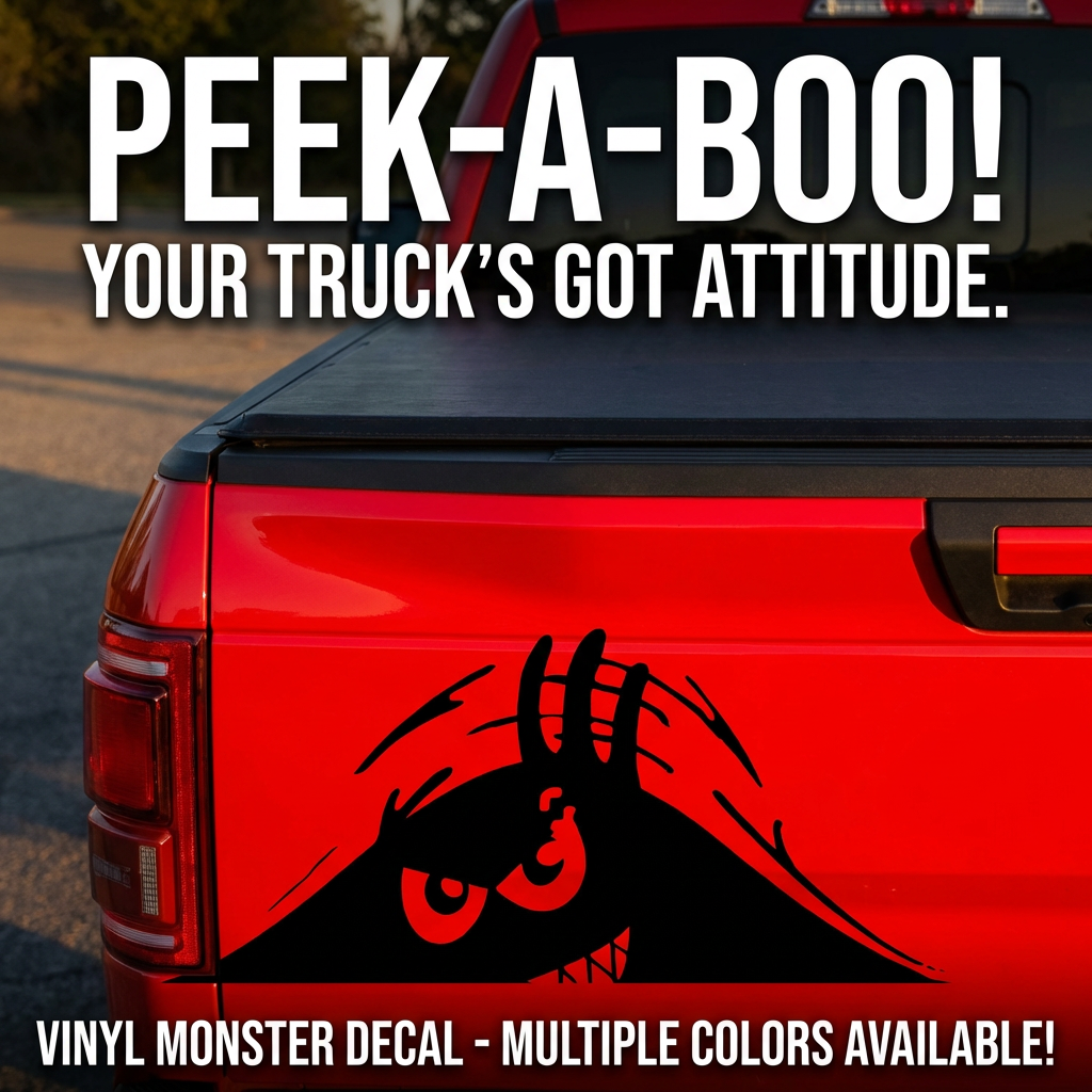 Red truck with vinyl monster decal and text 'PEEK-A-BOO! YOUR TRUCK'S GOT ATTITUDE.'