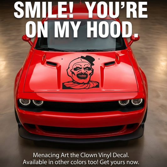 “Art the Clown–inspired vinyl car window decal, black, 20×20”