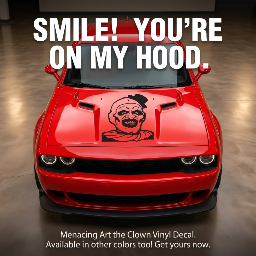 “Art the Clown–inspired vinyl car window decal, black, 20×20”