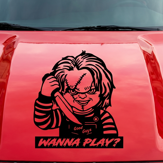 “Black matte Chucky‑inspired decal, 29×27, die‑cut with no background”