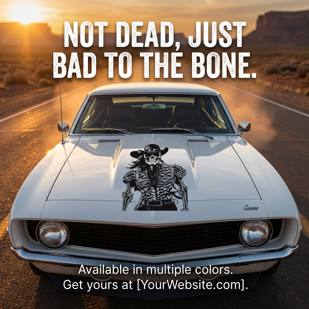 Vintage car with a cowboy skeleton decal on a desert road with text 'Not dead, just bad to the bone'.