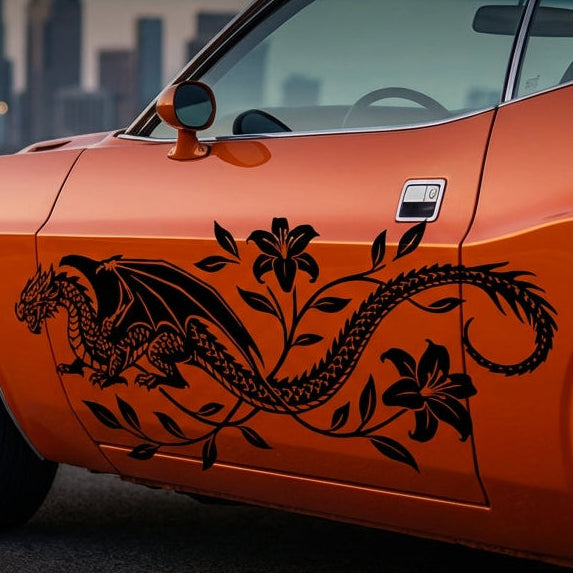 “Large black dragon with flowers vinyl car decal on door, 60×21.4”