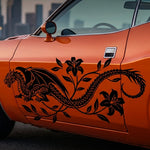 “Large black dragon with flowers vinyl car decal on door, 60×21.4”