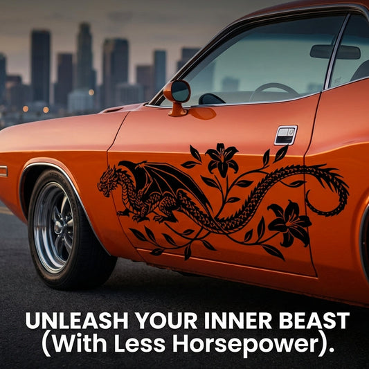 “Large black dragon with flowers vinyl car decal on door, 60×21.4”