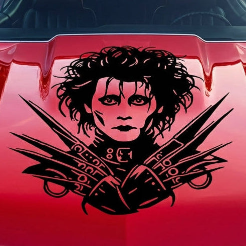 “Black matte Edward Scissorhands–inspired decal on vehicle hood 29×29