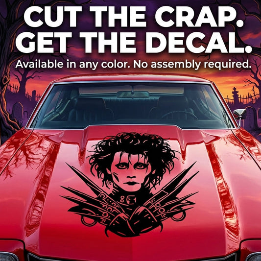 Red car with a decal of Edward Scissorhands, set against a Halloween-themed background.