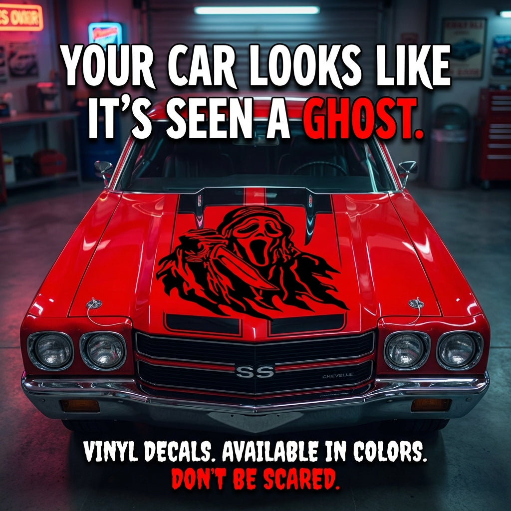 Red car with a ghostface decal in a garage setting, promotional text for vinyl decals.
