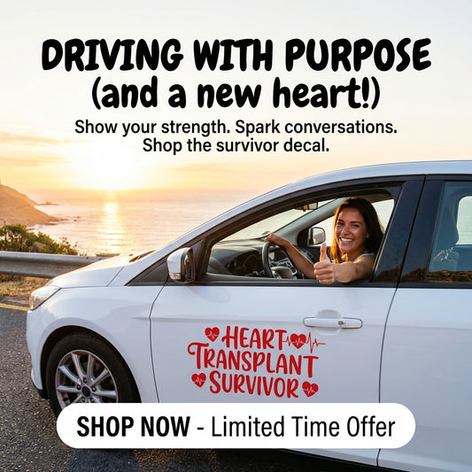 Heart Transplant Survivor decal with heart accents on rear car window, white