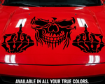Red car with black skull and hand decal in a garage ,die cut vinyl, no back ground