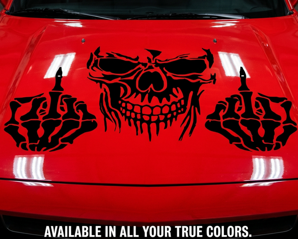 Red car with black skull and hand decal in a garage ,die cut vinyl, no back ground